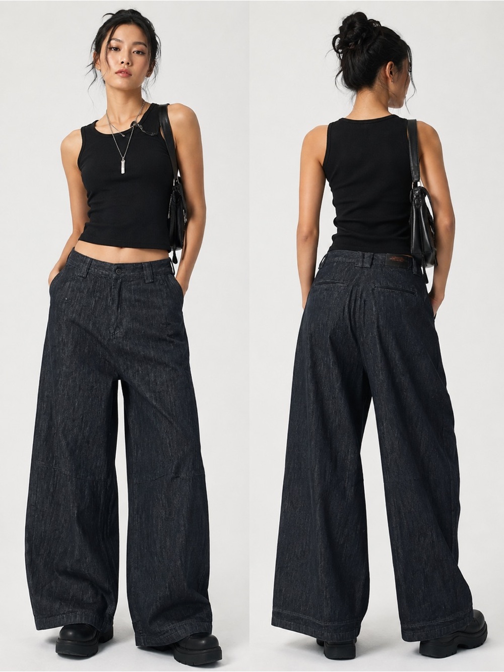 Relaxed Modern Minimalist Y2 Avante Garde Wide Leg Dark Black Barrel Jeans XL